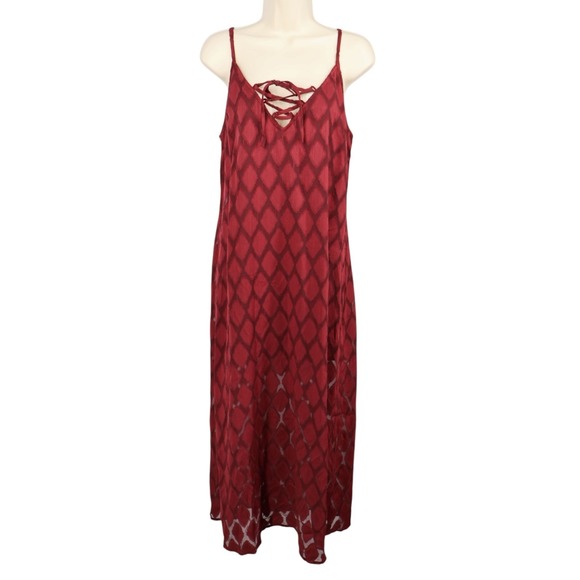 Band Of The Free Dresses & Skirts - Band of the Free Merlot Burnout Lace Up Slip Midi Dress Sheer Hem NWT M